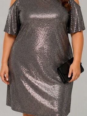 Reign Metallic Cold-Shoulder Dress in Silver-Gray